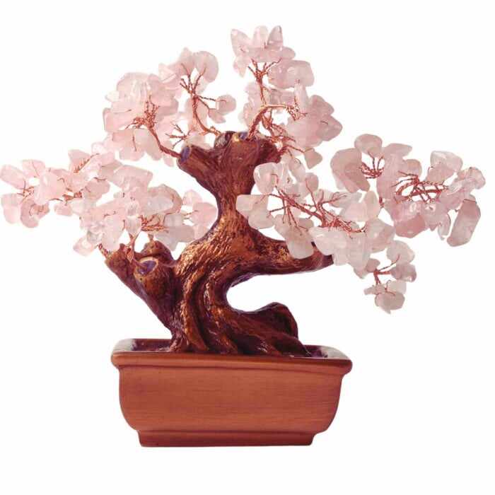 Bonsai cu cristale Cuart Roz pe suport dreptunghiular de ceramica , simbolizeaza: feng shui, noroc, sanatate, bogatie si familie