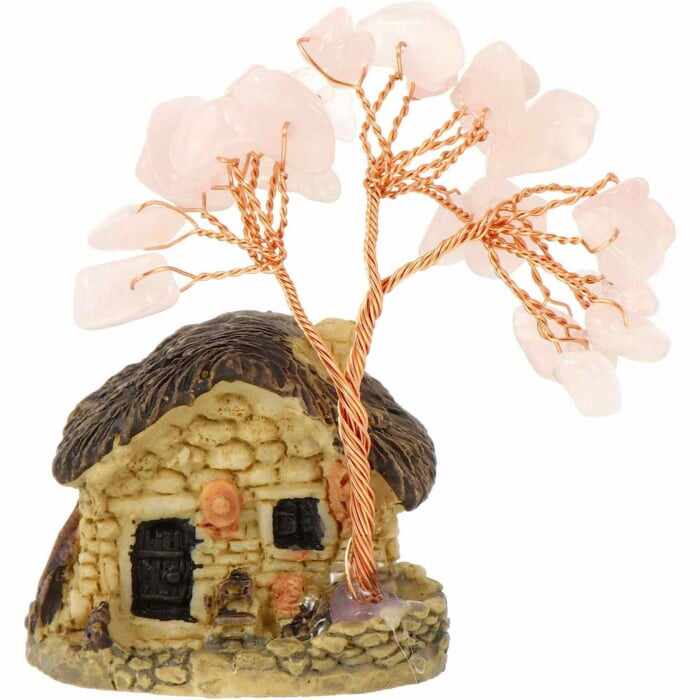 Figurina casuta cu ramuri din cristale naturale Cuart Roz - Decoratiune interior sau exterior, pentru casa, birou, acvariu