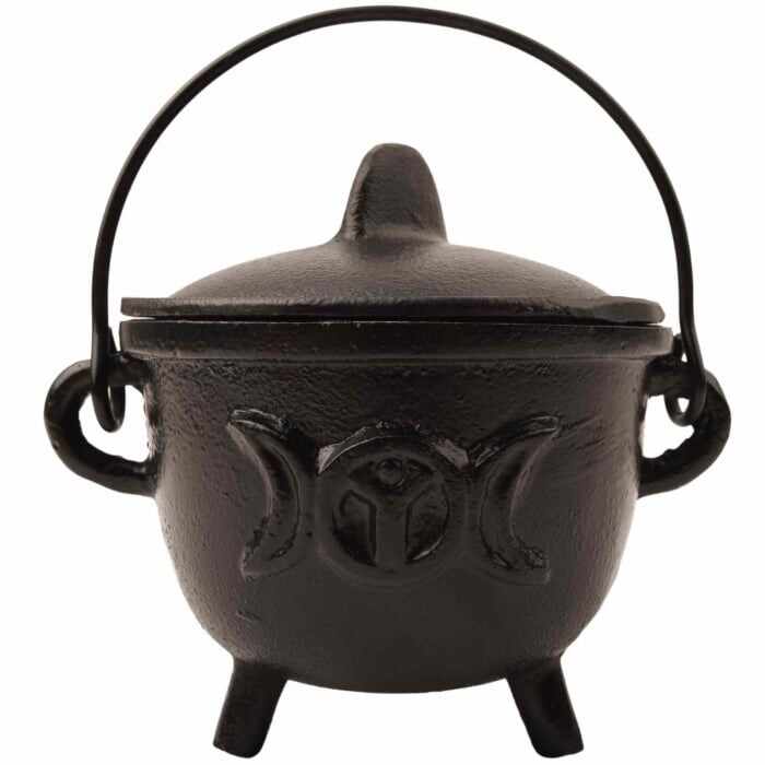 Ceaun Cauldron din Fonta cu design Triple Moon, cu Capac si Maner - Cazan de Vrajitoare, Ideal pentru Arderea Tamaii pe Carbune si Smudging cu Salvie