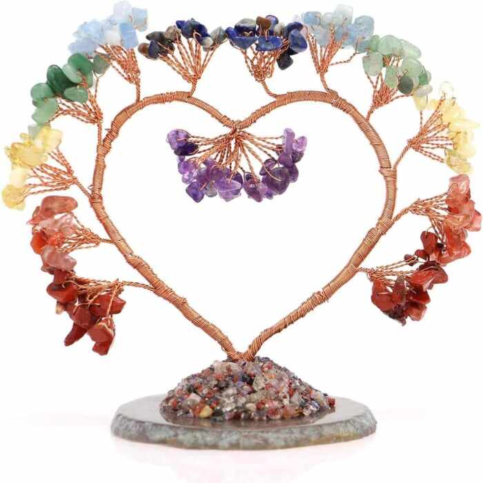 Copac pietre semipretioase 7 chakra in forma de inima , Decor cristal feng shui, accesorii premium pentru birou